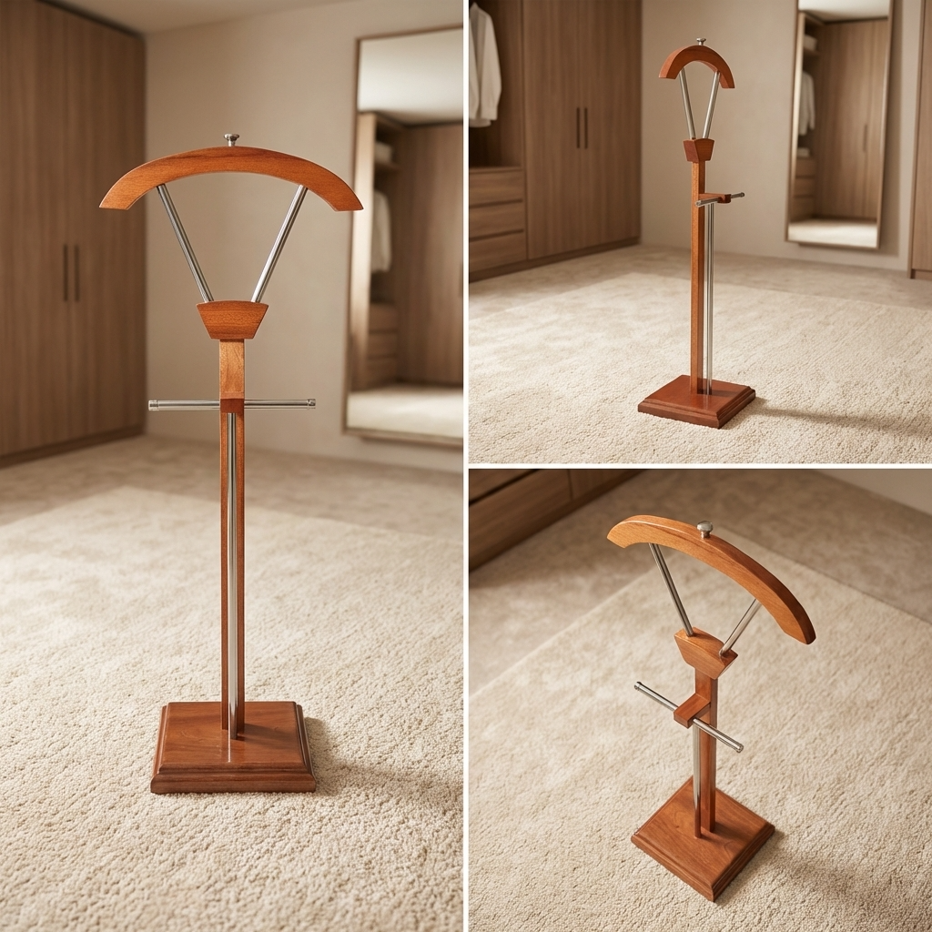 An Executive Office Suite Stand crafted from reddish-brown mahogany wood and chrome metal, featuring an arched top coat hanger and a square base pedestal.