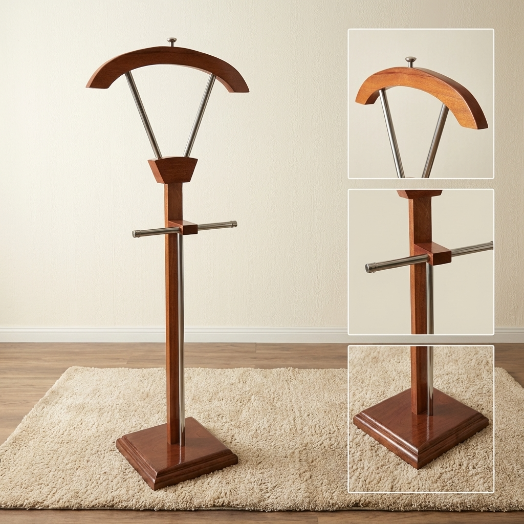 An Executive Office Suite Stand crafted from reddish-brown mahogany wood and chrome metal, featuring an arched top coat hanger and a square base pedestal.