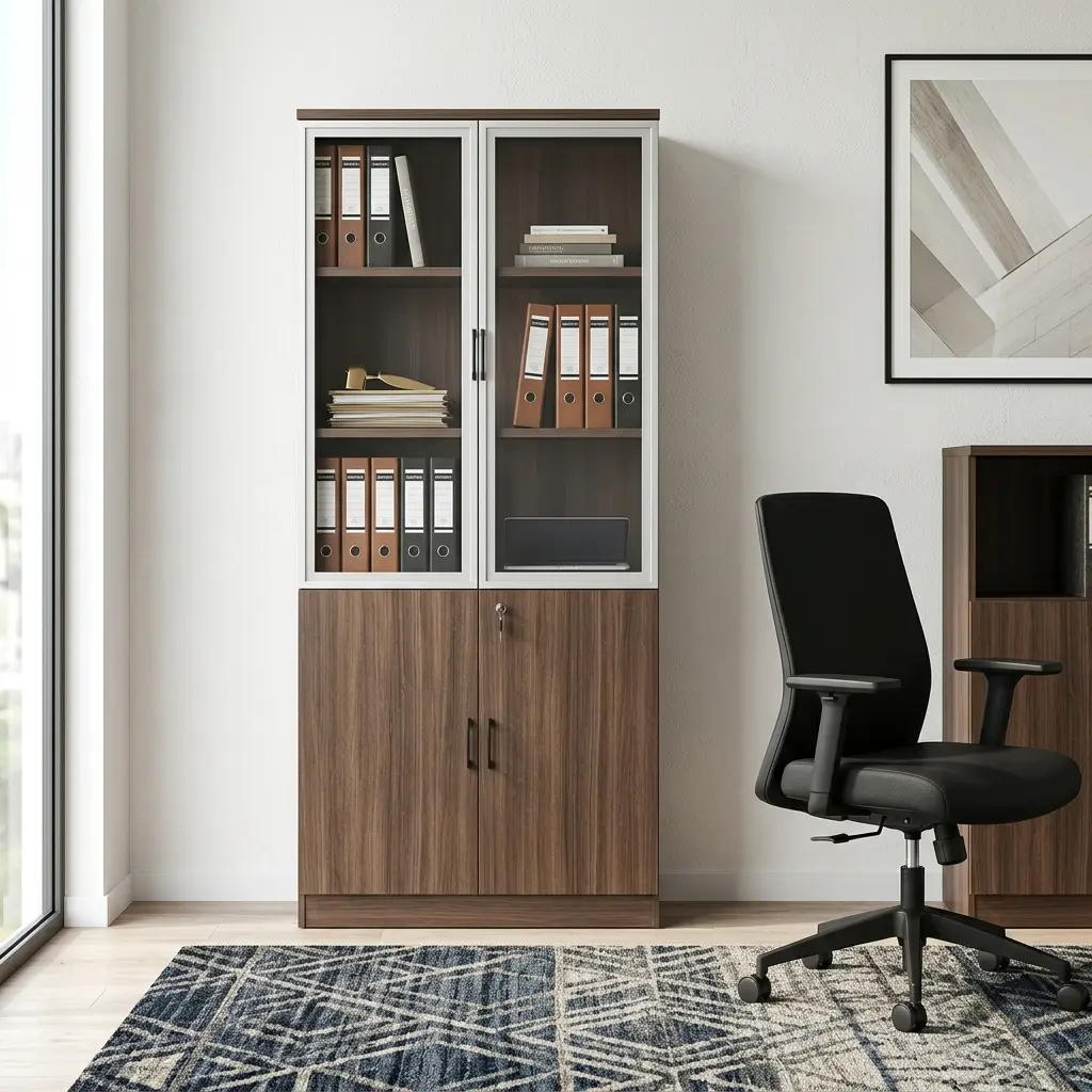 Light Walnut Office Bookcase with glass doors, multiple shelves and enclosed lower storage cabinets