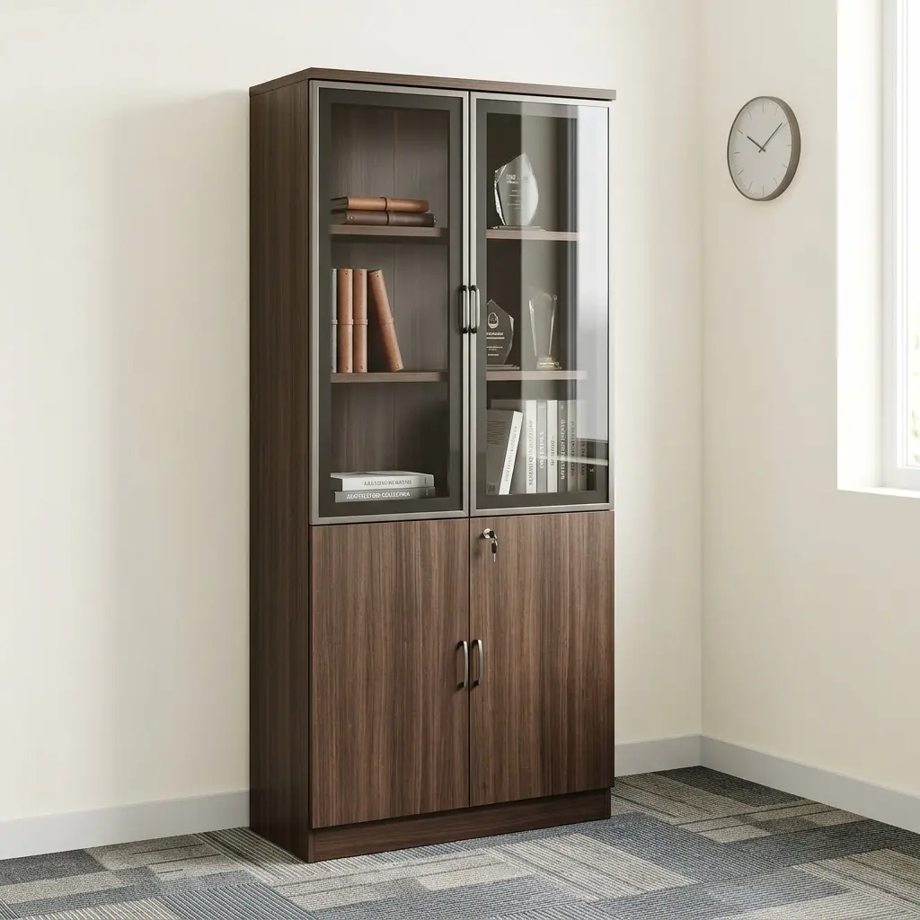 Light Walnut Office Bookcase with glass doors, multiple shelves and enclosed lower storage cabinets