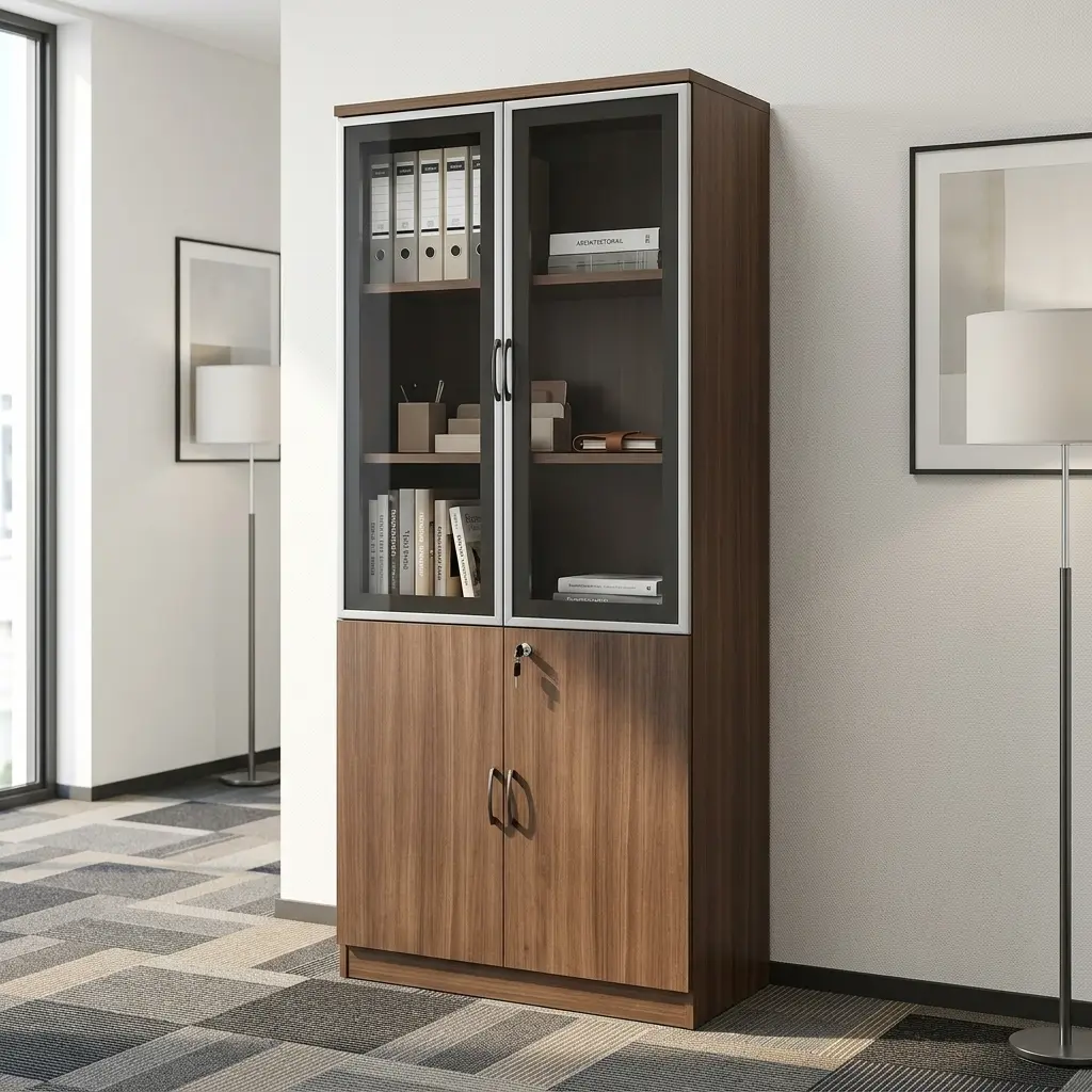 Light Walnut Office Bookcase with glass doors, multiple shelves and enclosed lower storage cabinets