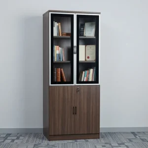 Light Walnut Office Bookcase with glass doors, multiple shelves and enclosed lower storage cabinets