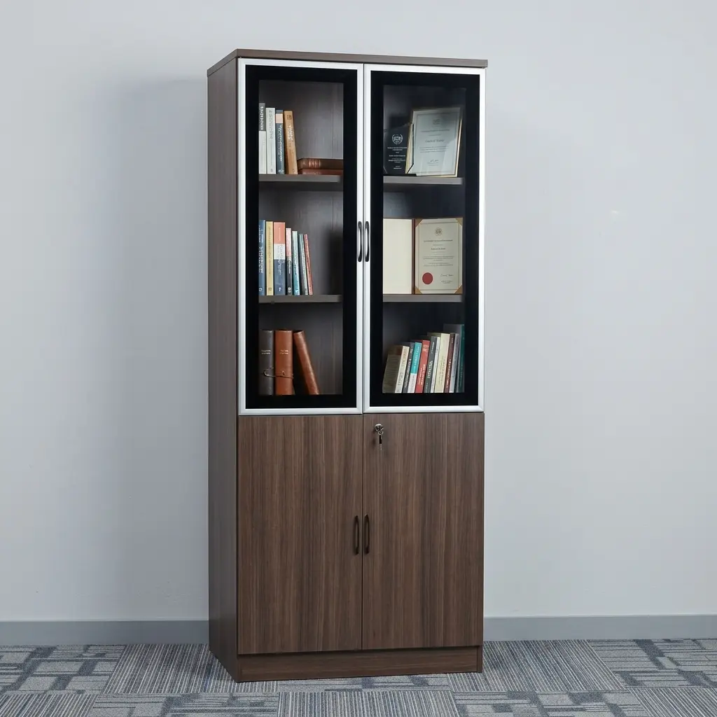 Light Walnut Office Bookcase with glass doors, multiple shelves and enclosed lower storage cabinets