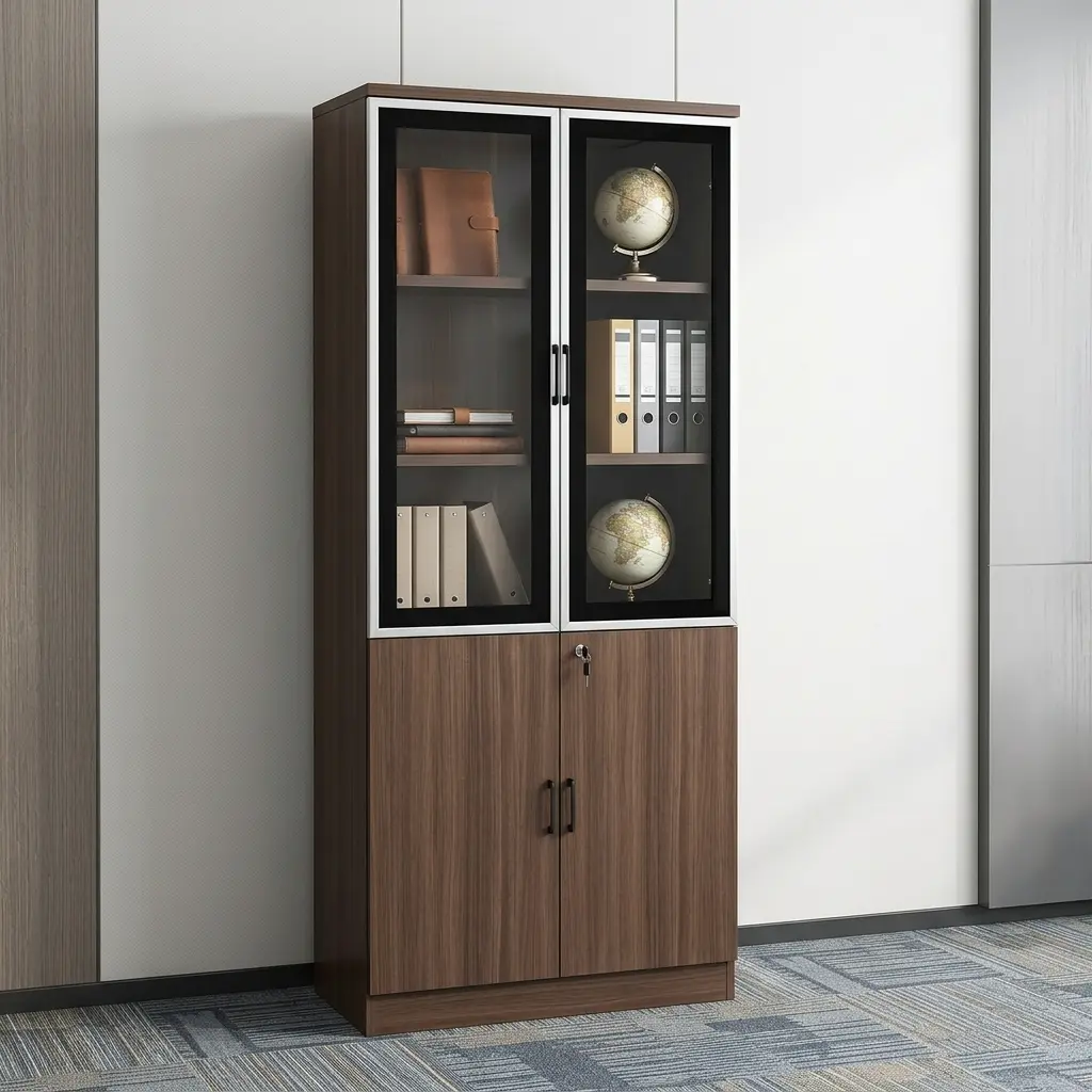 Light Walnut Office Bookcase with glass doors, multiple shelves and enclosed lower storage cabinets