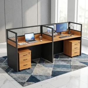 A premium 2-Way Straight Office Workstation featuring two cherry-finished wood tops, a dark gray metal frame with glass privacy partitions, and two mobile three-drawer filing cabinets.
