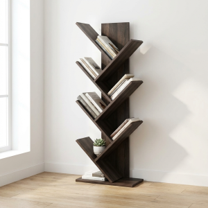 Modern office bookshelf with vertical zigzag design and wooden finish