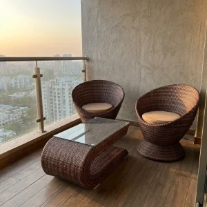 Rattan Balcony Table & Chairs Set with woven chairs and glass-top table
