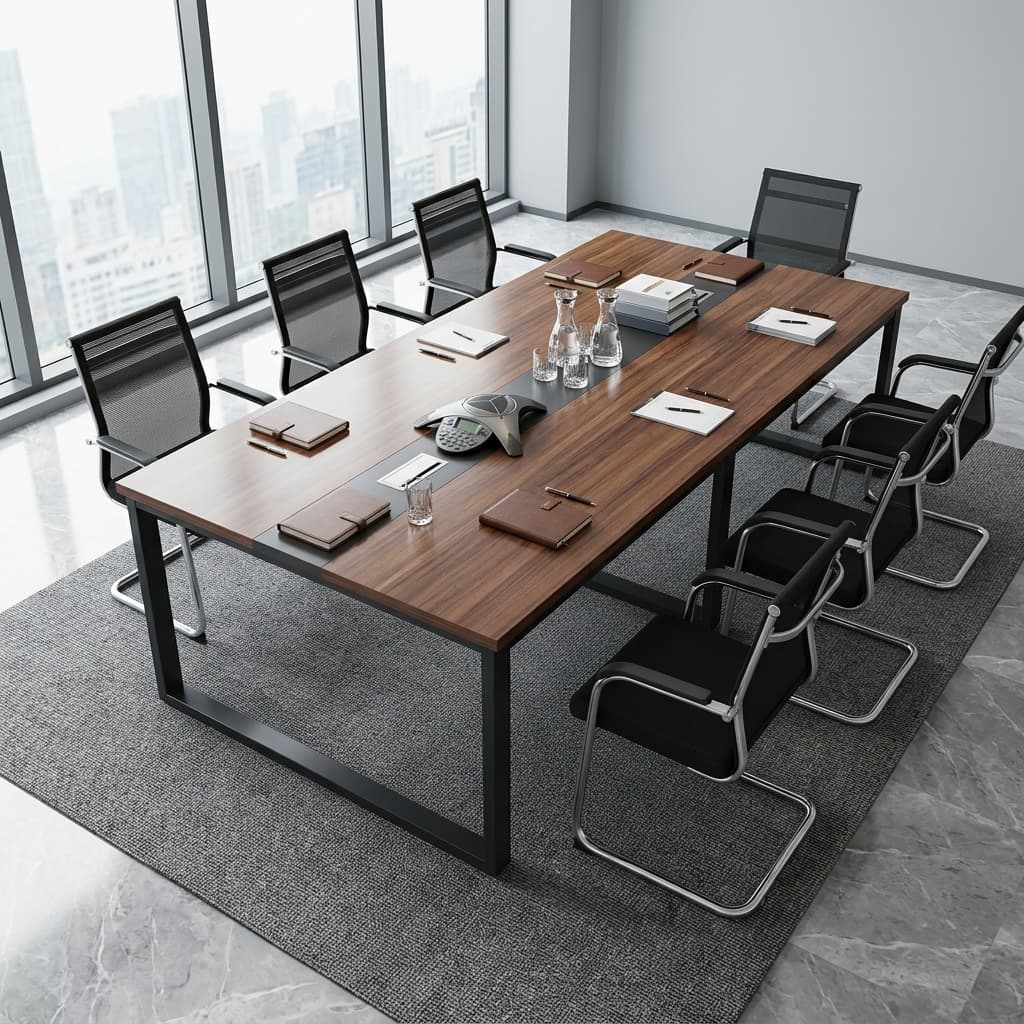 2400mm Executive Boardroom Table with rectangular brown woodgrain tabletop, dark gray central accent strip, integrated cable grommets and black metal frame legs.