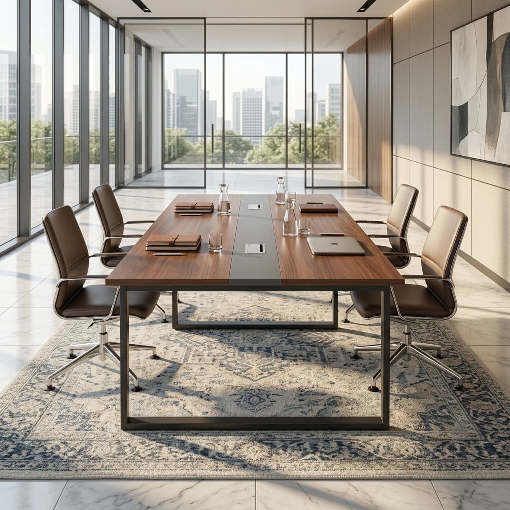 2400mm Executive Boardroom Table with rectangular brown woodgrain tabletop, dark gray central accent strip, integrated cable grommets and black metal frame legs.
