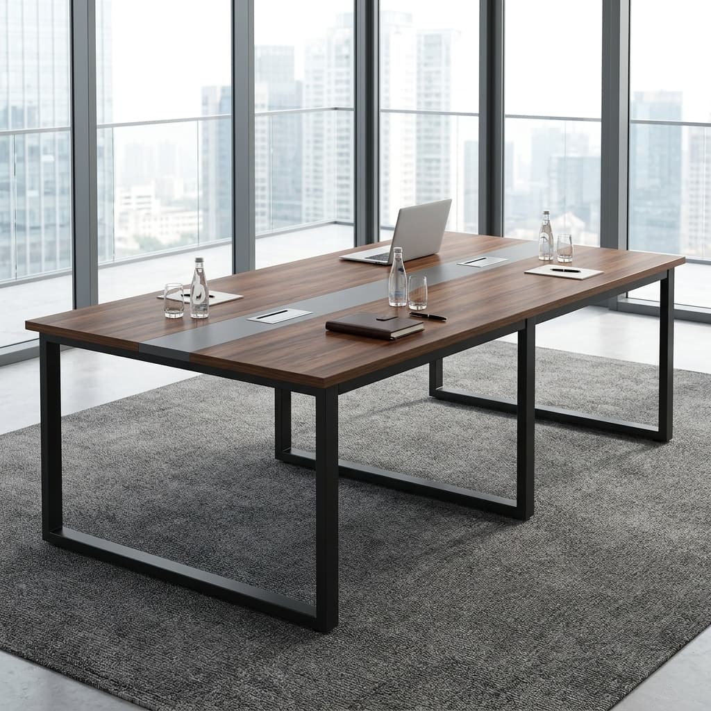 2400mm Executive Boardroom Table with rectangular brown woodgrain tabletop, dark gray central accent strip, integrated cable grommets and black metal frame legs.