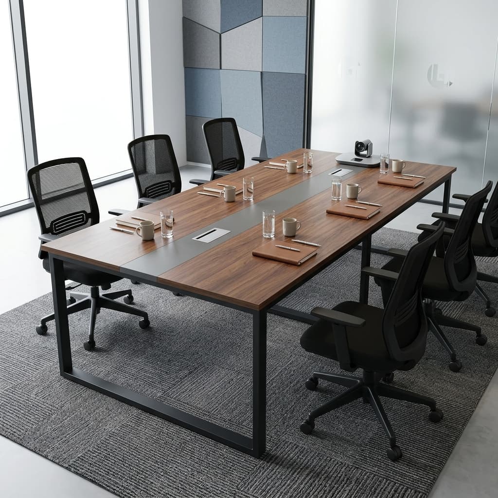 2400mm Executive Boardroom Table with rectangular brown woodgrain tabletop, dark gray central accent strip, integrated cable grommets and black metal frame legs.