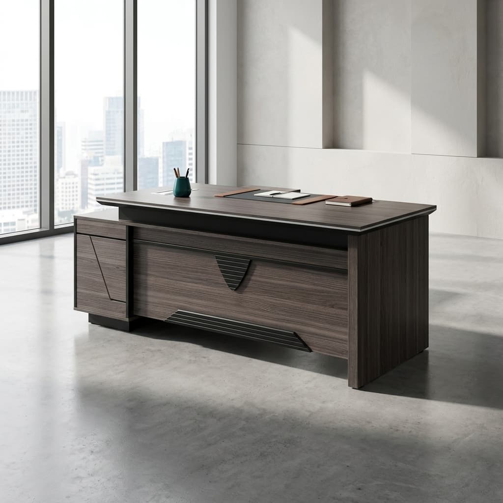 2000mm executive office desk with wood finish and storage