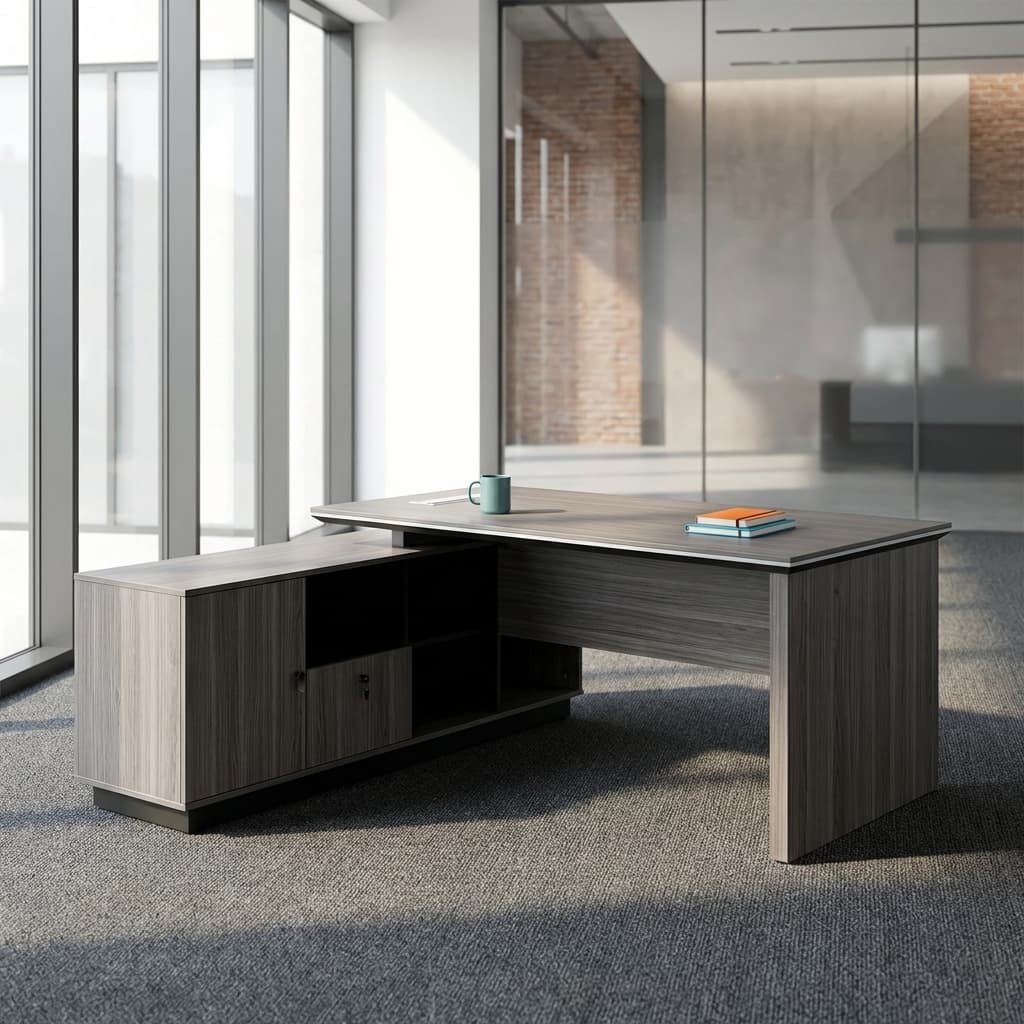 2000mm executive office desk with wood finish and storage