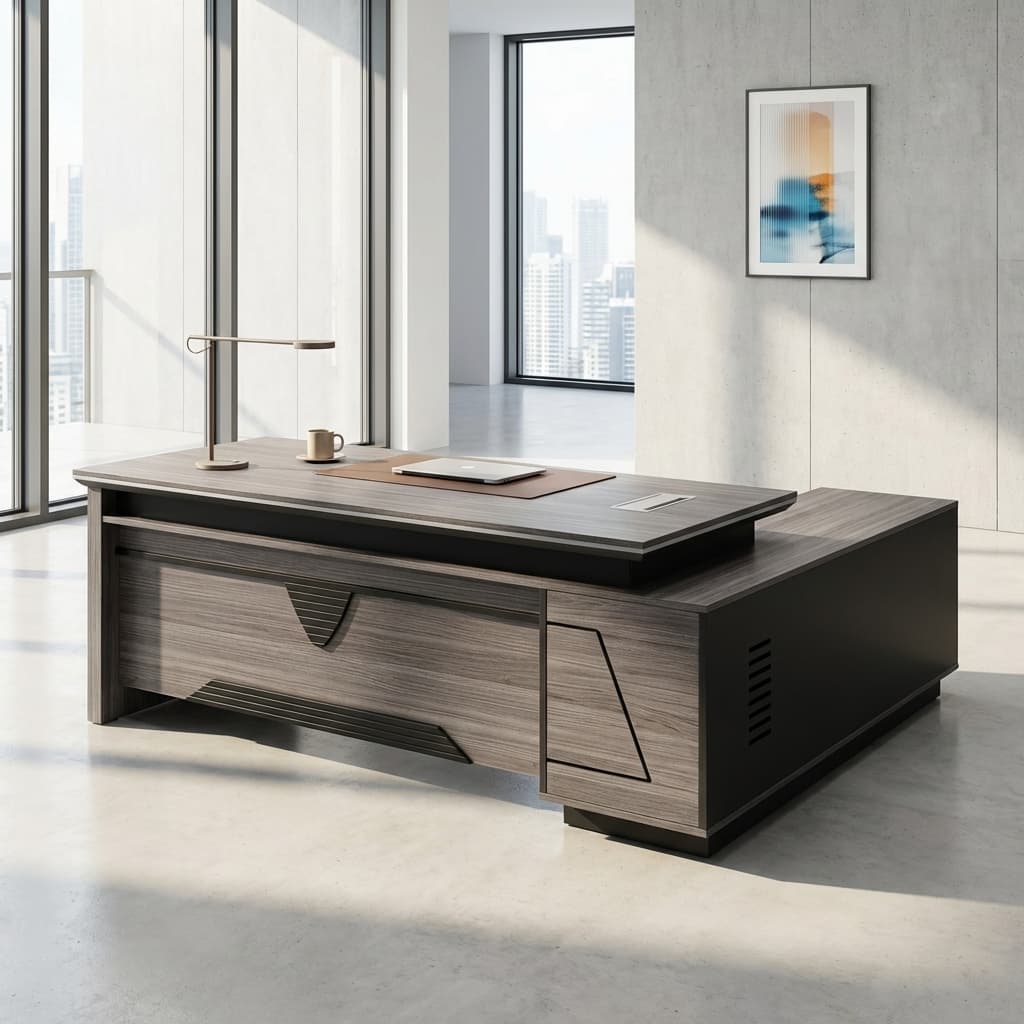 2000mm executive office desk with wood finish and storage