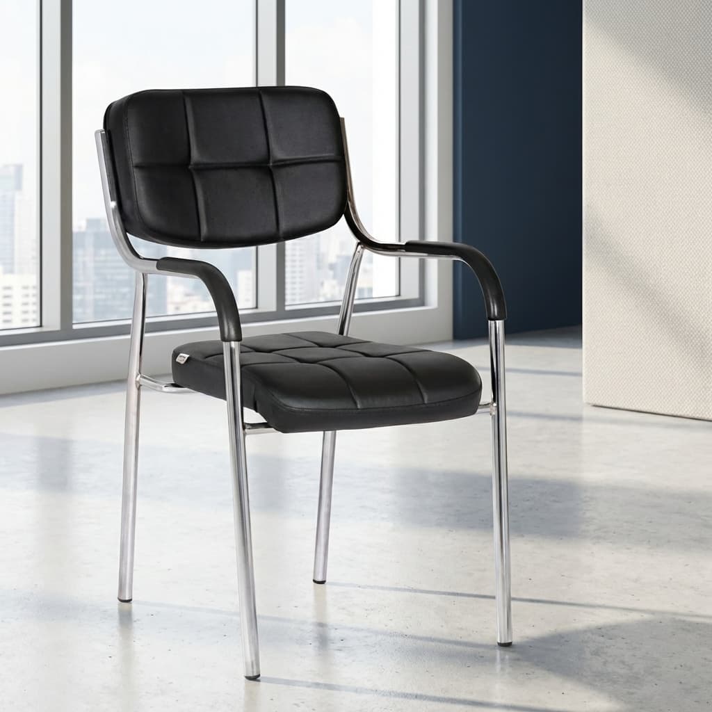 cushioned visitor chair with chrome frame and leatherette seat