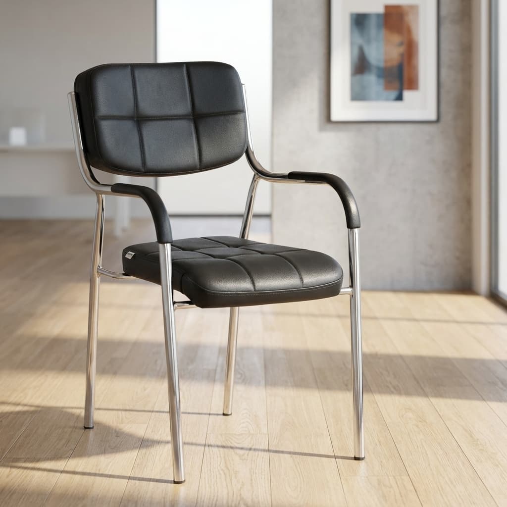 cushioned visitor chair with chrome frame and leatherette seat