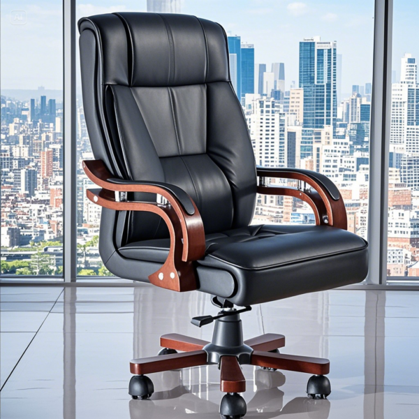 Executive Leather Office Chair – Black with Wooden Finish - Image 3