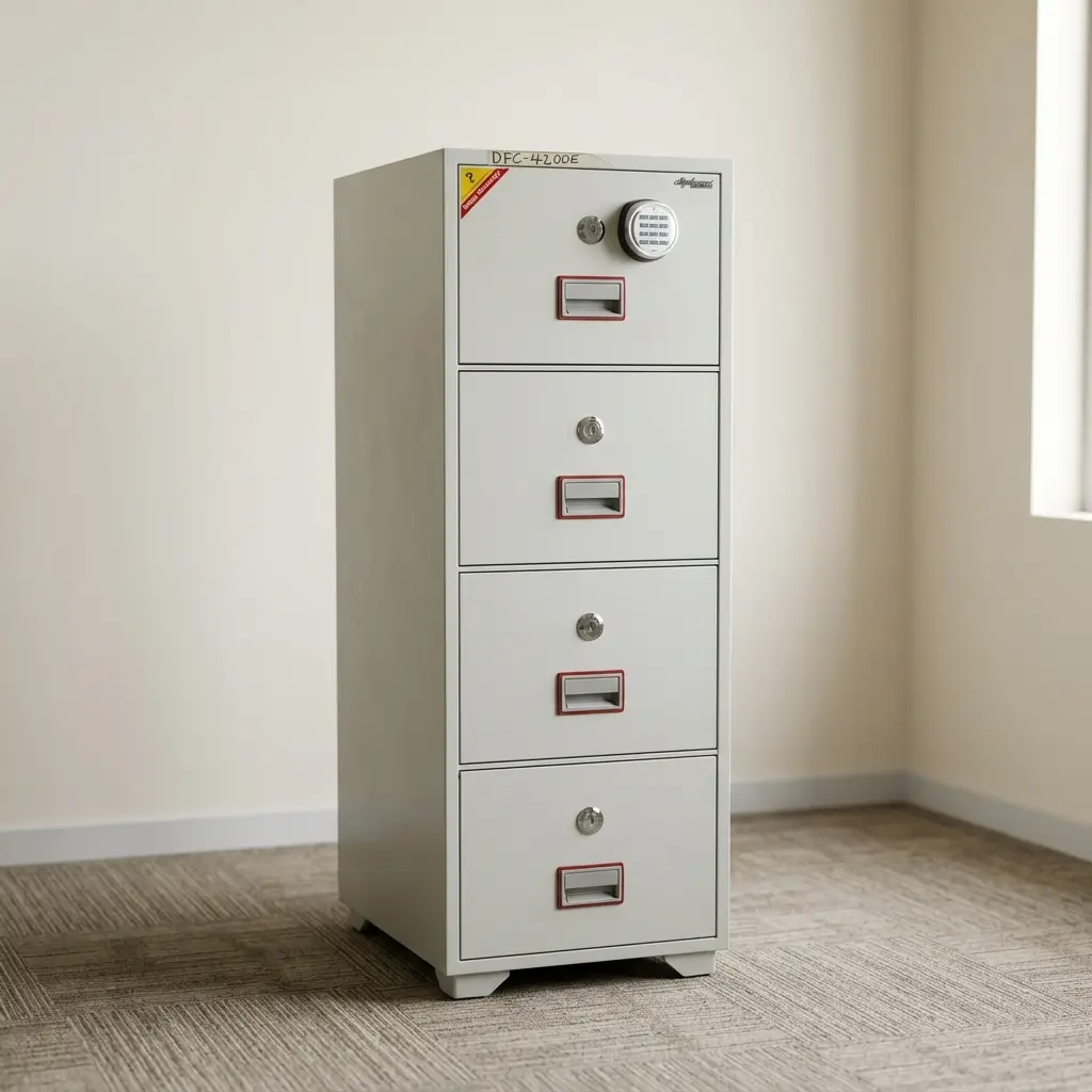 4-Drawer Digital Fireproof Safe with light gray metal cabinet, electronic keypad on top drawer, individual key locks, and recessed rectangular handles.