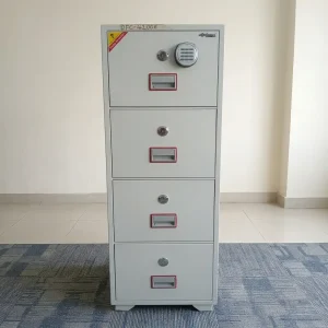 4-Drawer Digital Fireproof Safe with light gray metal cabinet, electronic keypad on top drawer, individual key locks, and recessed rectangular handles.