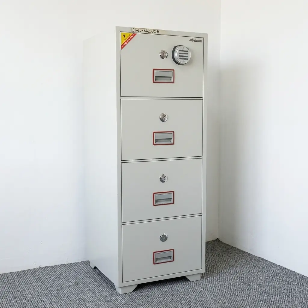 4-Drawer Digital Fireproof Safe with light gray metal cabinet, electronic keypad on top drawer, individual key locks, and recessed rectangular handles.