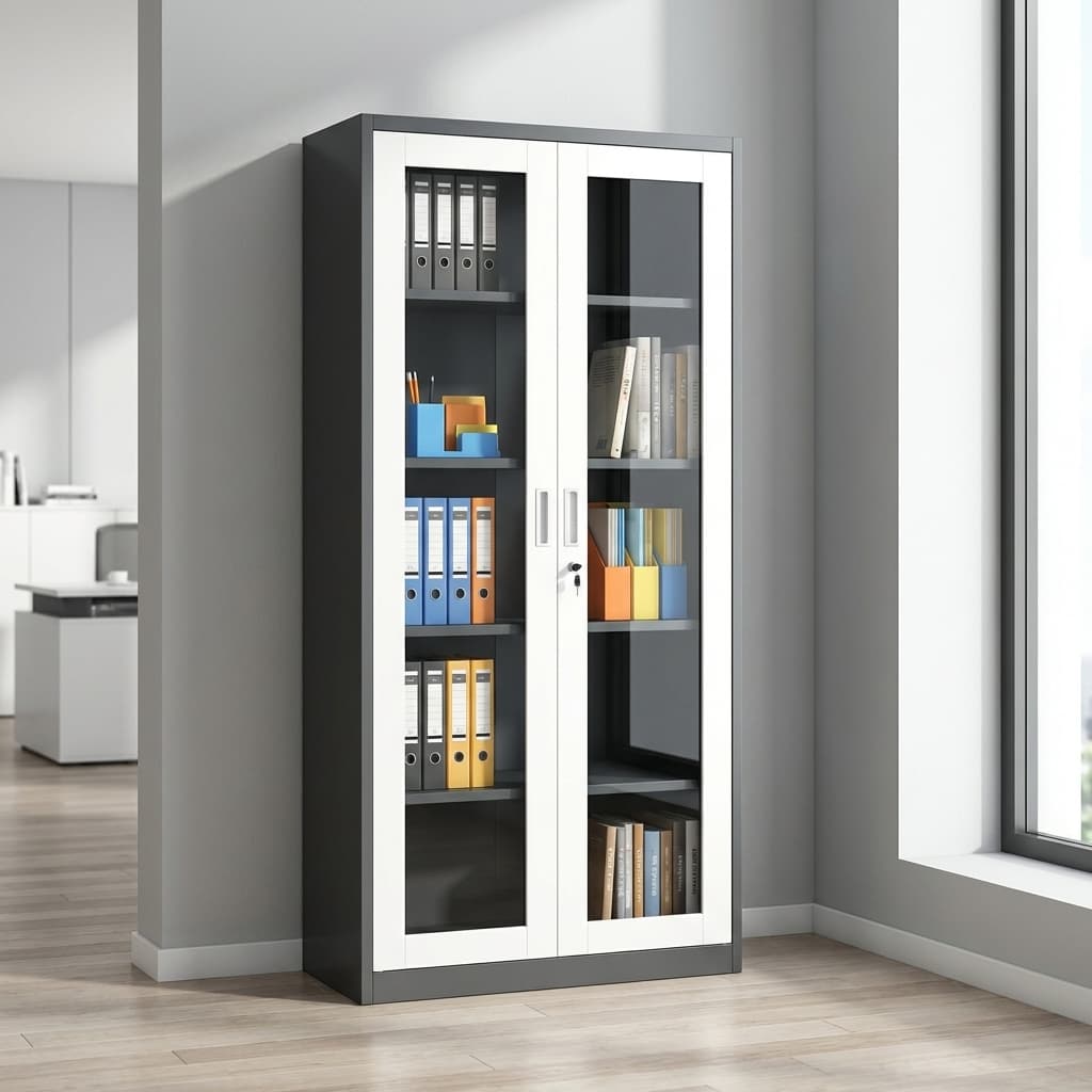white and black glass door filing cabinet for office document storage