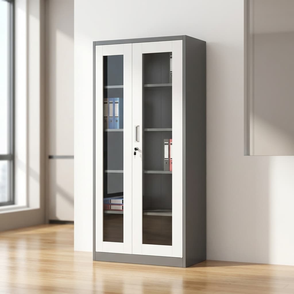 white and black glass door filing cabinet for office document storage