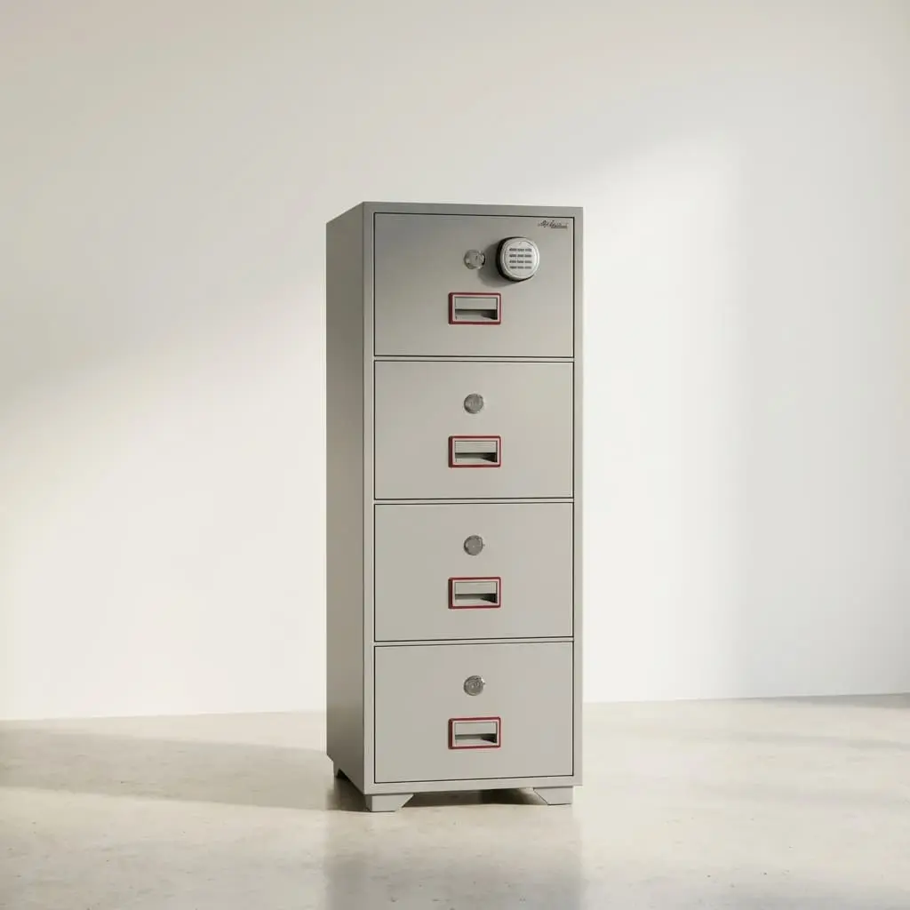 4-Drawer Digital Fireproof Safe with light gray metal cabinet, electronic keypad on top drawer, individual key locks, and recessed rectangular handles.
