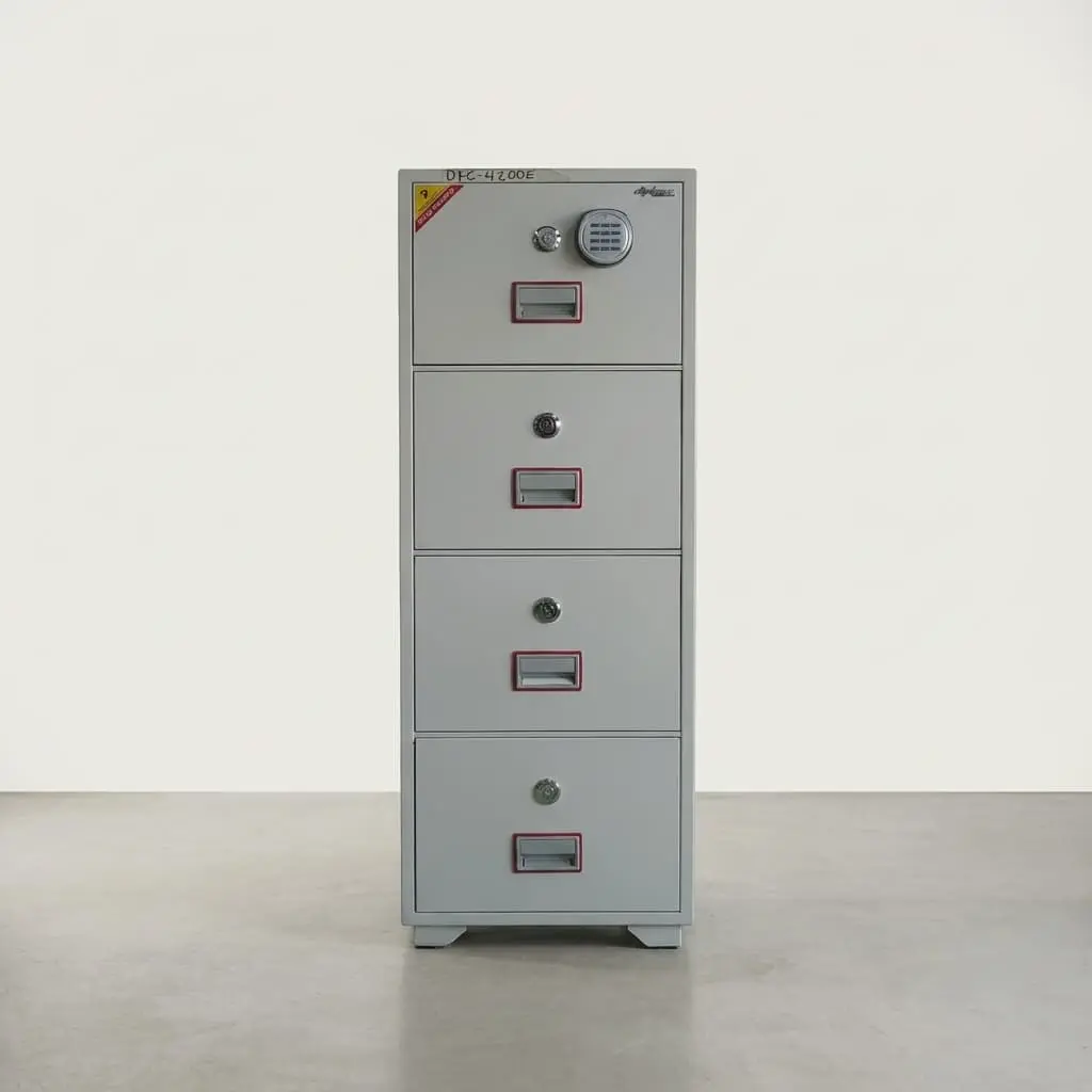 4-Drawer Digital Fireproof Safe with light gray metal cabinet, electronic keypad on top drawer, individual key locks, and recessed rectangular handles.