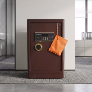 80kg Heavy-Duty Digital Safe with brown metal cabinet, electronic keypad, round door handle, four locking bolts, interior shelves, and upper storage compartment.