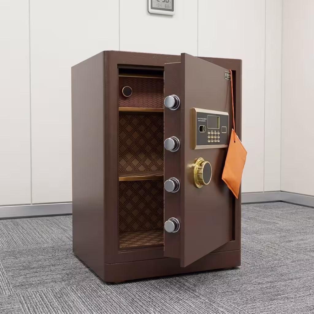 80kg Heavy-Duty Digital Safe with brown metal cabinet, electronic keypad, round door handle, four locking bolts, interior shelves, and upper storage compartment.