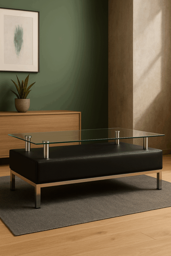Modern Glass Coffee Table – Black Base & Chrome Legs - Image 2