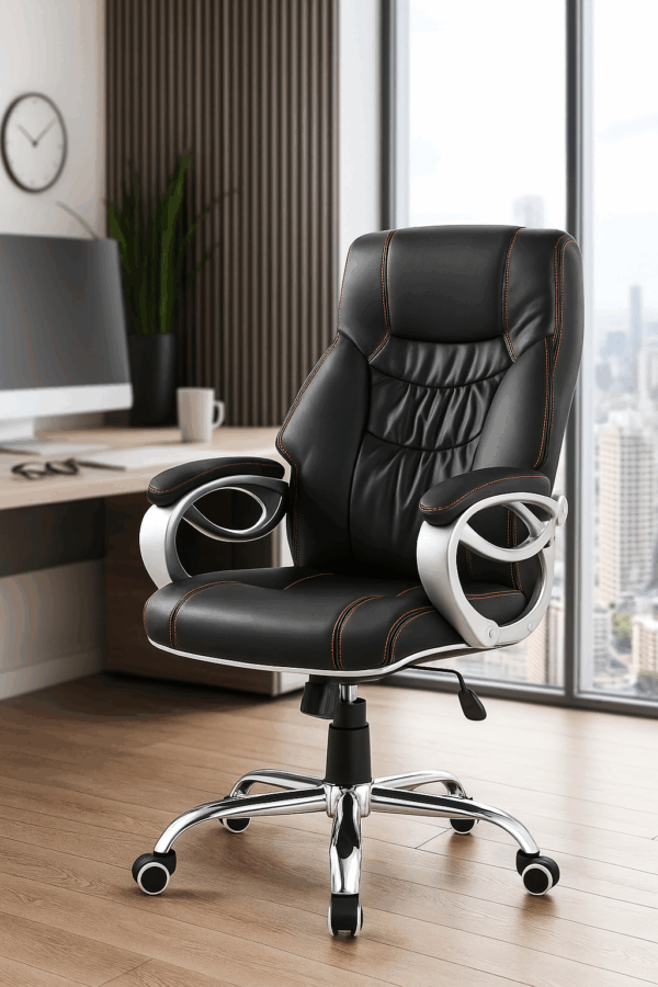 Ergonomic Executive Office Chair – Black PU Leather with Silver Frame