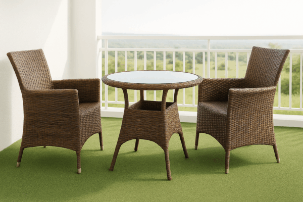 2-Seater Round Rattan Balcony Set – With Glass-Top Table