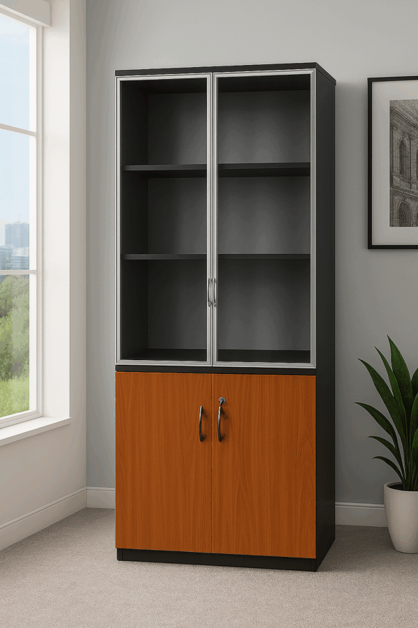Wood & Glass Office Display Cabinet – Lockable 2-Door Storage Unit
