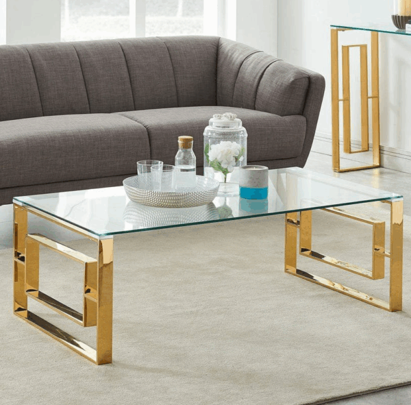 Modern Rectangular Glass Coffee Table – Gold Metal Base - Image 2