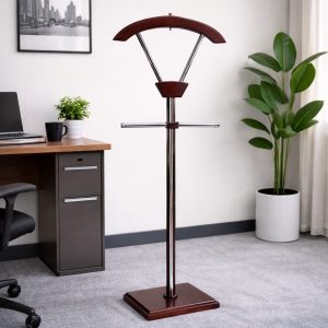 Executive office coat stand with hardwood frame and stainless steel rods