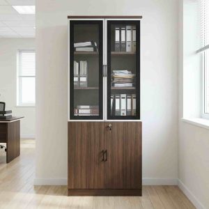 Glass and wood 2-door office storage cabinet for modern office
