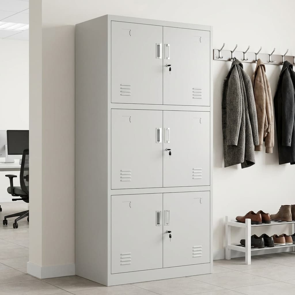 6-Compartment Metal Storage Locker in light gray with six individual lockable doors, vertical metal handles, ventilation slots, and three-tier cabinet design.