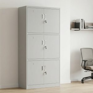 6-Compartment Metal Storage Locker in light gray with six individual lockable doors, vertical metal handles, ventilation slots, and three-tier cabinet design.