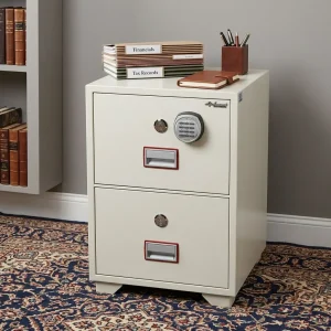 2-Drawer Fireproof Filing Cabinet in light gray with electronic digital keypad, individual drawer locks, recessed handles, and compact vertical design.