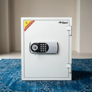 Heavy-Duty 53kg Fireproof Safe with white cabinet, electronic digital keypad, key-operated lock, thick hinged door, locking bolts, and interior shelf.