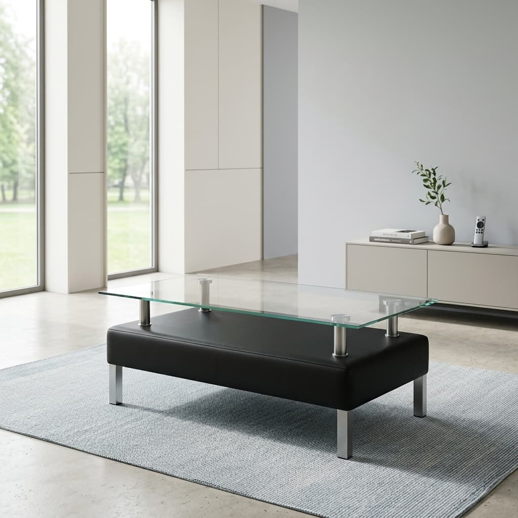 Modern Glass Coffee Table with clear rectangular top, black base and chrome legs