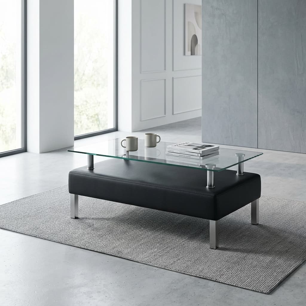 Modern Glass Coffee Table with clear rectangular top, black base and chrome legs