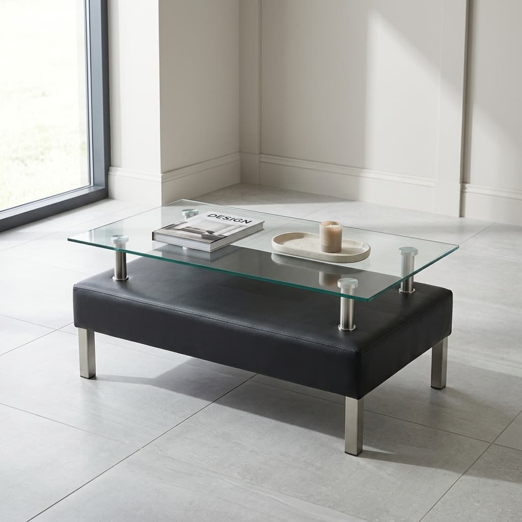Modern Glass Coffee Table with clear rectangular top, black base and chrome legs