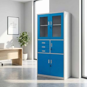 Multipurpose steel filing cabinet blue and grey with lockable storage