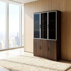 Executive wooden storage cabinet with glass doors and multiple shelves