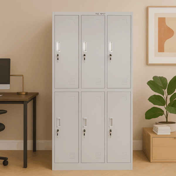 6-Door Metal Locker with Hanger, Mirror & Partition – Grey Steel Storage Cabinet