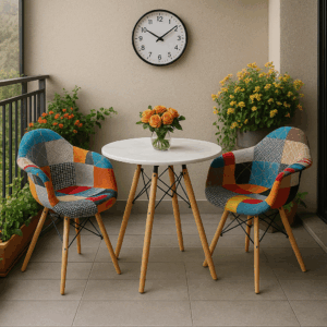 Round Wooden 2-Seater Dining Set with Patchwork Armchairs
