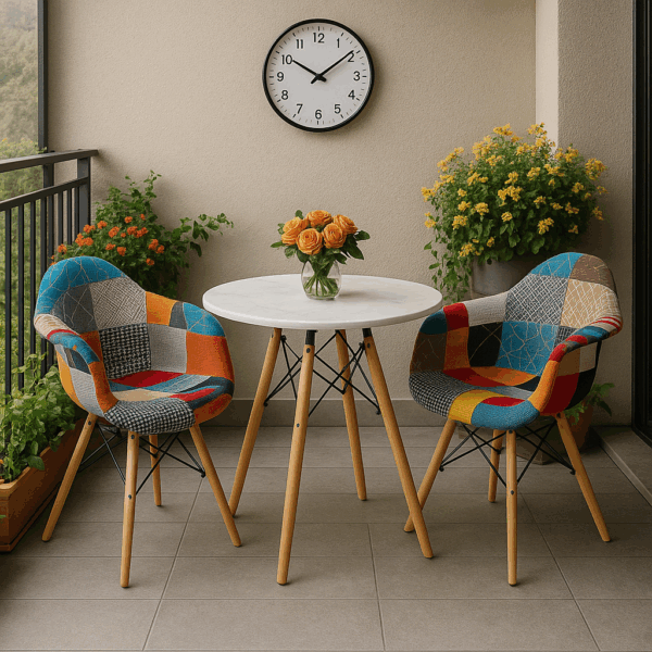 Round Wooden 2-Seater Dining Set with Patchwork Armchairs