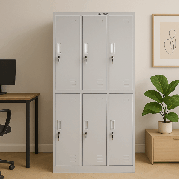 6-Door Metal Locker with Hanger, Mirror & Partition – Grey Steel Storage Cabinet